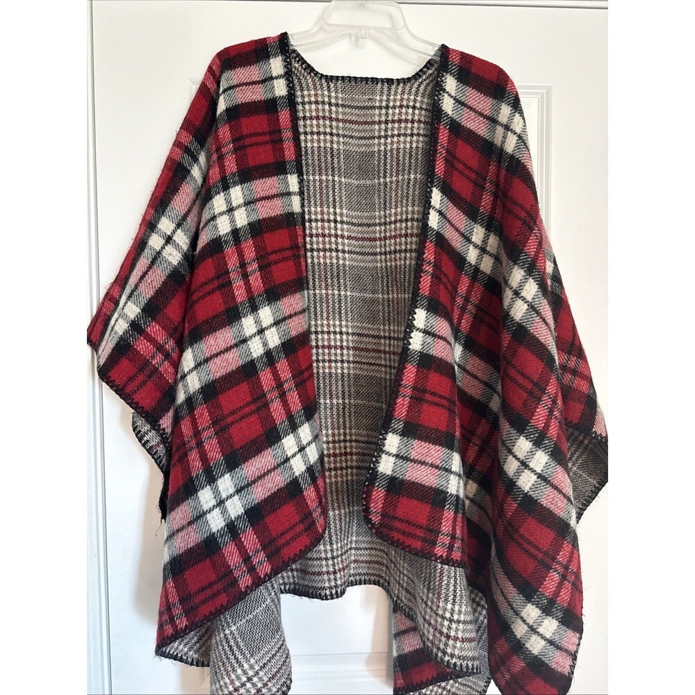 Women's Plaid Sweater Poncho Oversize Cape Coat Open Front Blanket Shawls Wraps